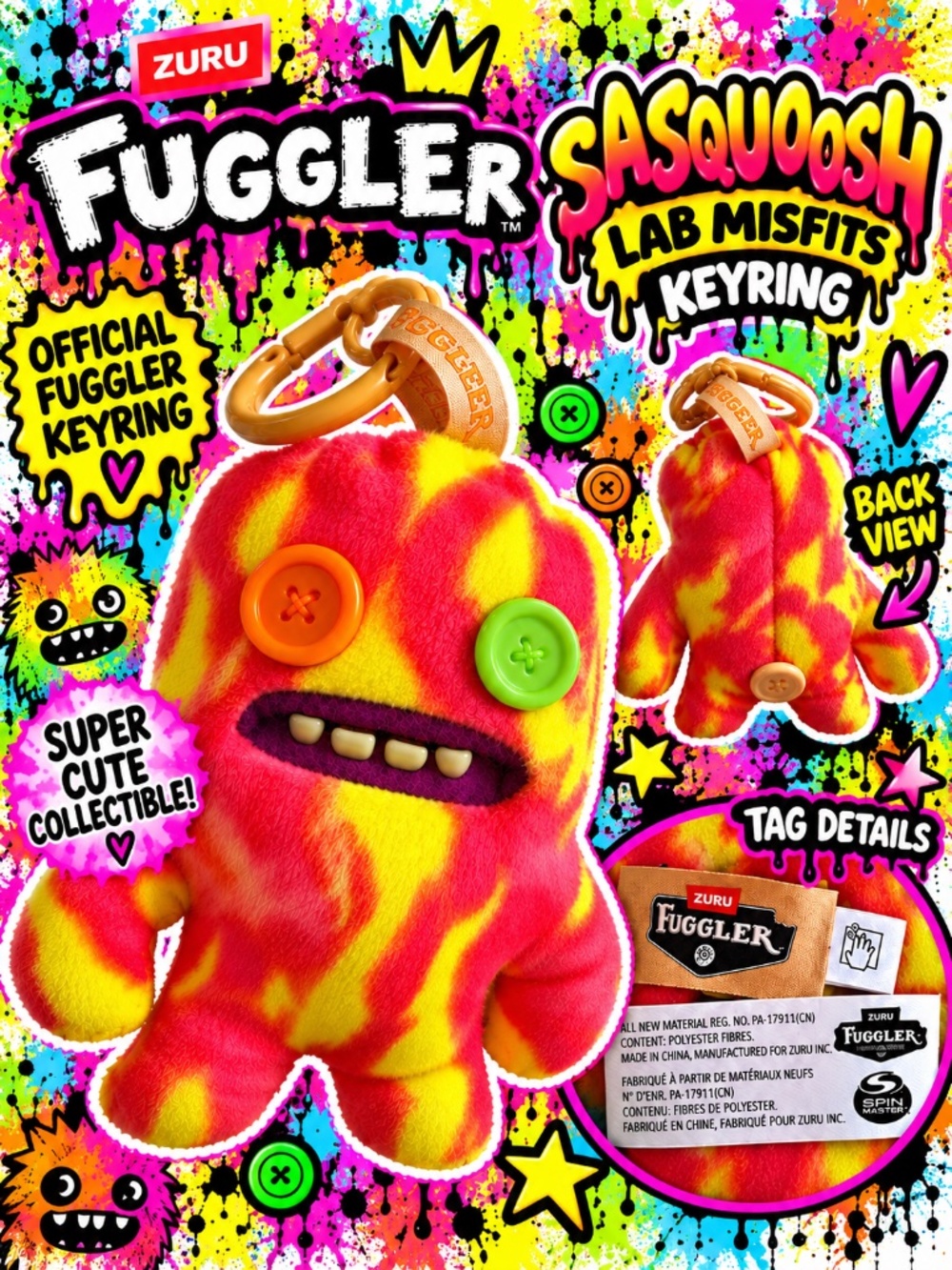 Fuggler Sasquoosh Lab Misfits Plush Keyring Pink Yellow ZURU